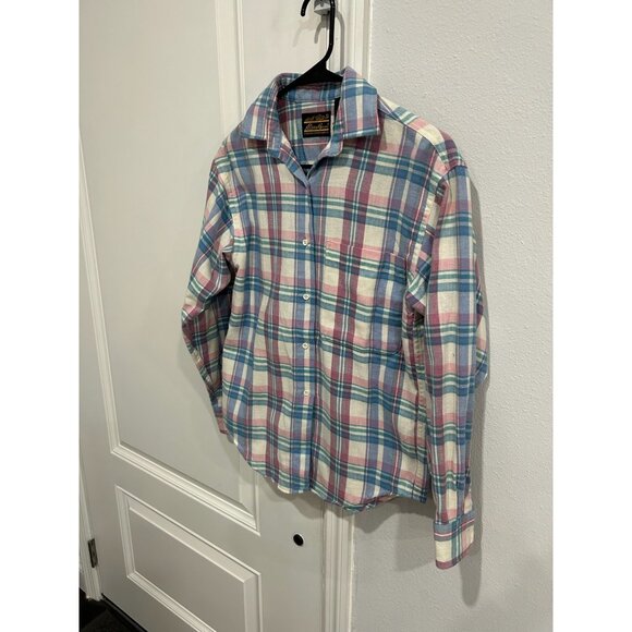 Vintage Eddie Bauer Flannel Plaid Button Front Shirt Pink Blue Sz 6 Preppy Ranch - Picture 3 of 10
